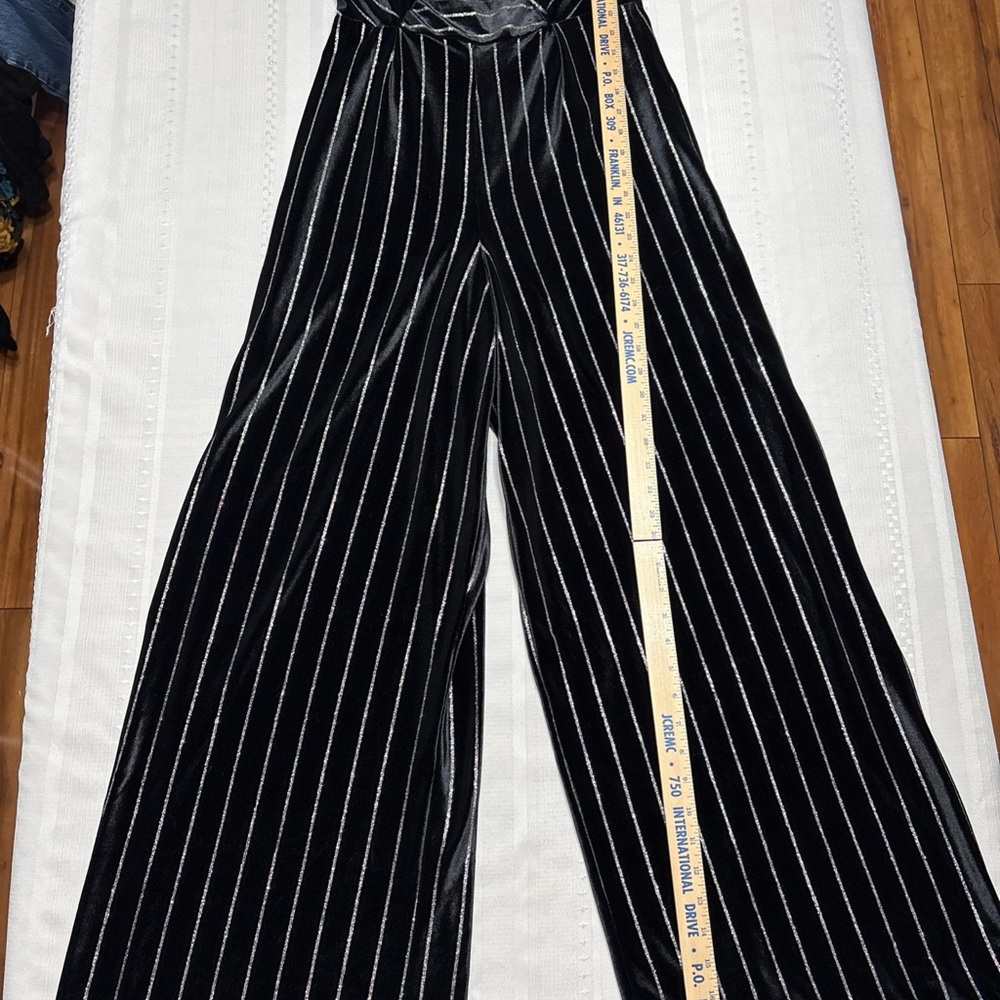 Pink Owl Black Velvet Metallic Striped Wide Leg Women's Jumpsuit-Size L - Picture 4 of 12